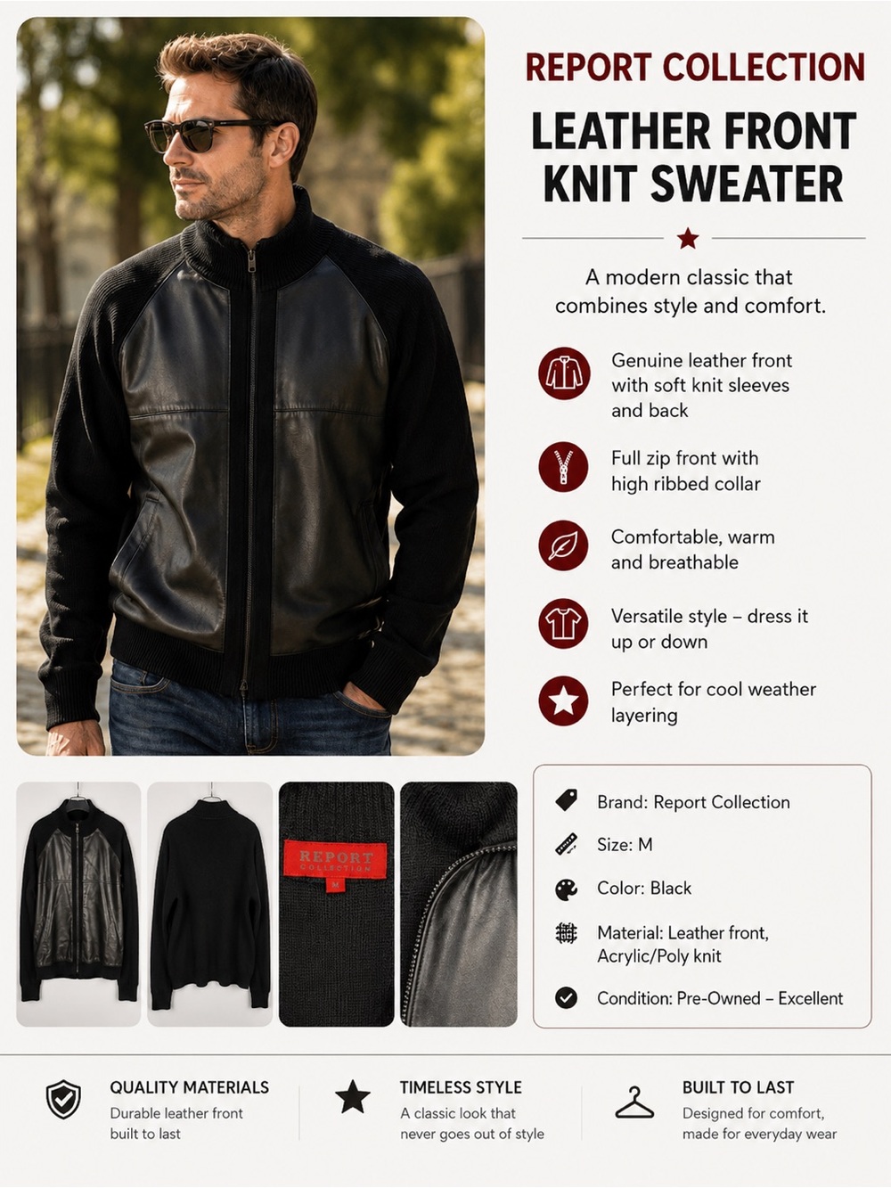 Report Collection Men's Black Leather-Front Zip Knit Sweater